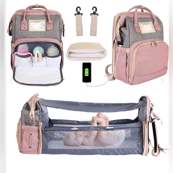 Pink Diaper Bag Backpack USB Charging w/ Changing Pad Baby Travel Bag NWOT - Picture 2 of 13